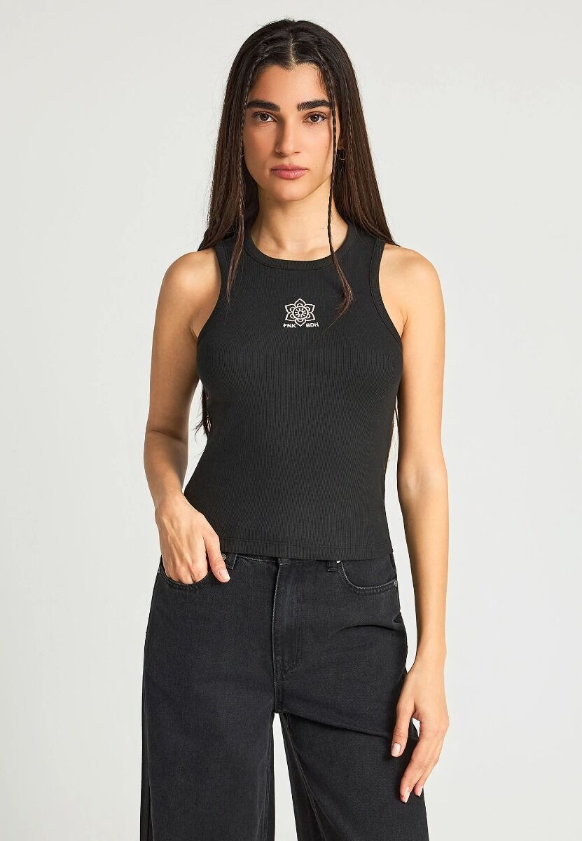 Funky Buddha Γυναικείο tank top με με κέντημα FBL013-130-04 Μαύρο