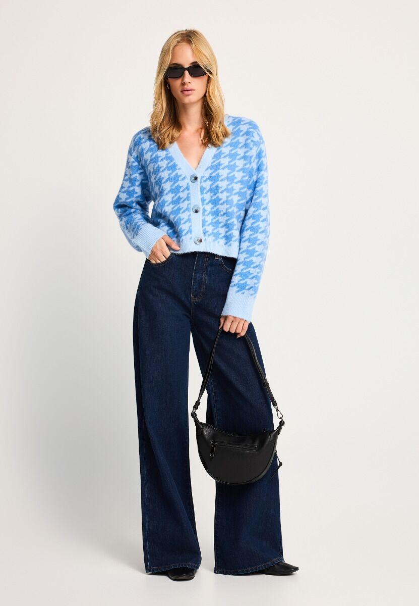 Funky Buddha Γυναικεία relaxed πλεκτή ζακέτα houndstooth FBL014-117-09