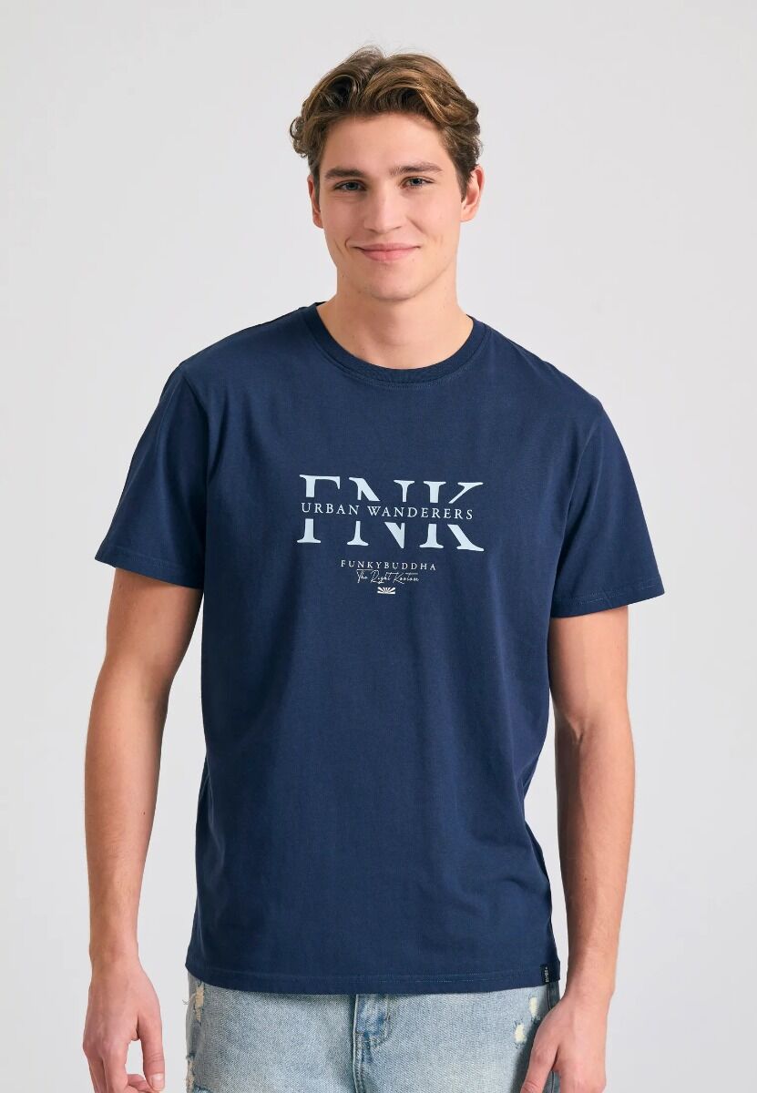 Funky Buddha Funky Buddha Ανδρικό T-shirt με branded τύπωμα FBM011-017-04 Σκούρο Μπλέ