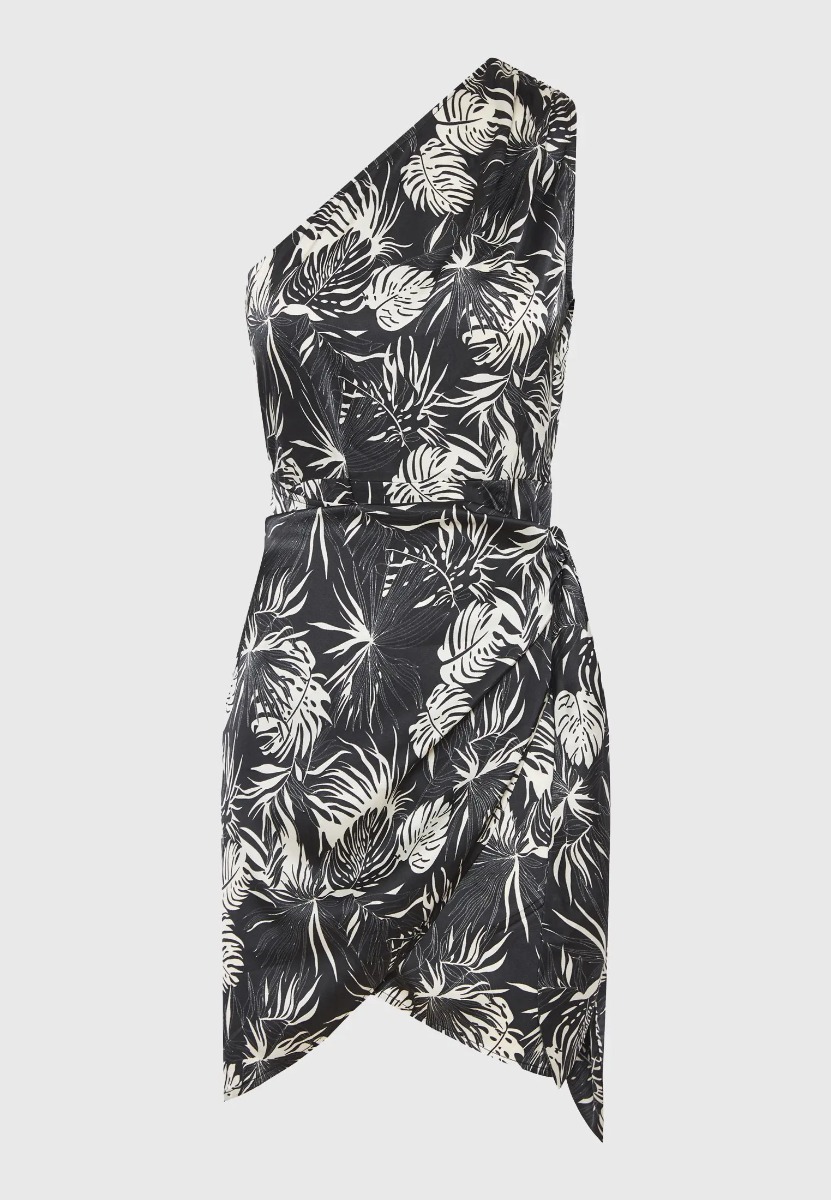 Funky Buddha Γυναικείο Off-shoulder εμπριμέ φόρεμα με πλαϊνό δέσιμο FBL011-130-13 Μαύρο