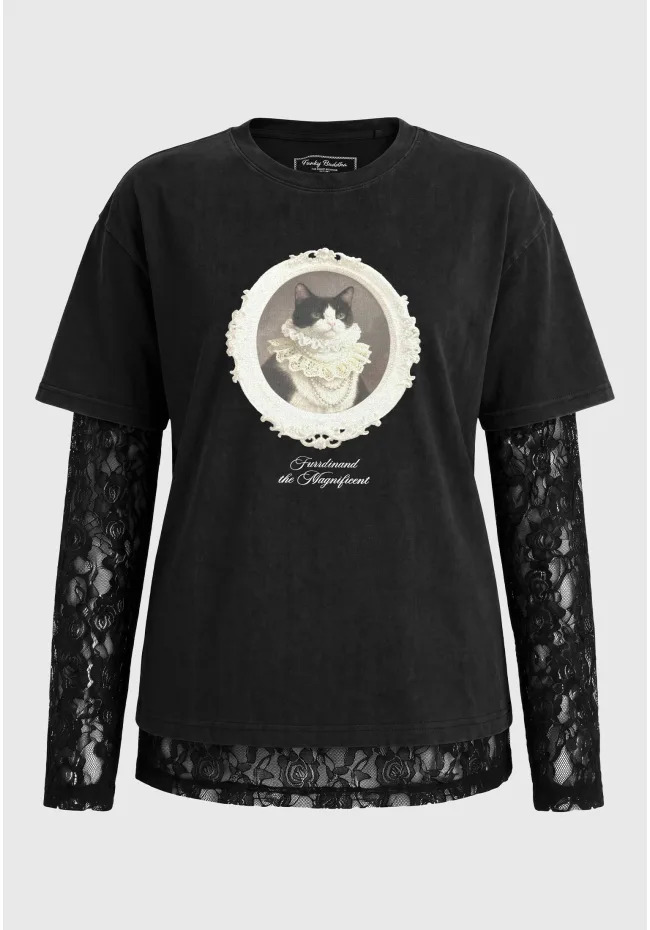 Funky Buddha Μπλούζα acid wash με στάμπα και δαντέλα FBL014-109-04 Μαύρο