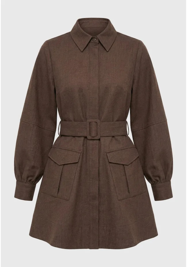 Funky Buddha Γυναικείο mini shirt dress utility με ζώνη FBL014-118-13 Καφέ