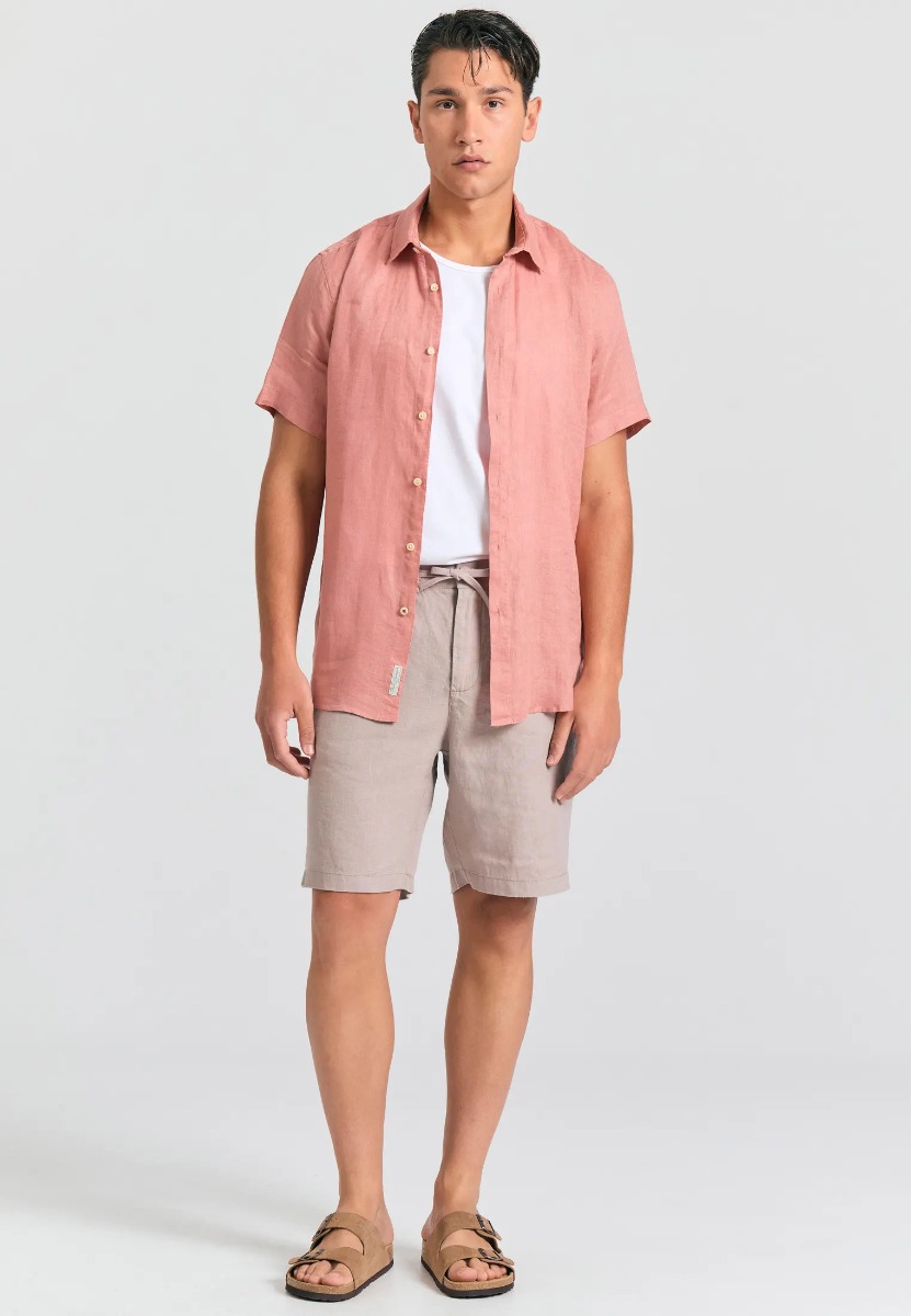 Funky Buddha Ανδρική Comfort fit garment dyed λινή βερμούδα FBM011-009-03 Γκρι Μπεζ