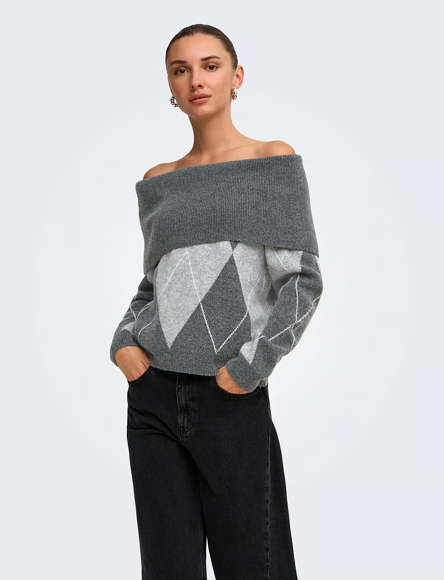 Only Alivia Ls Off Shoulder Knt 15383895 Σκούρο Γκρί